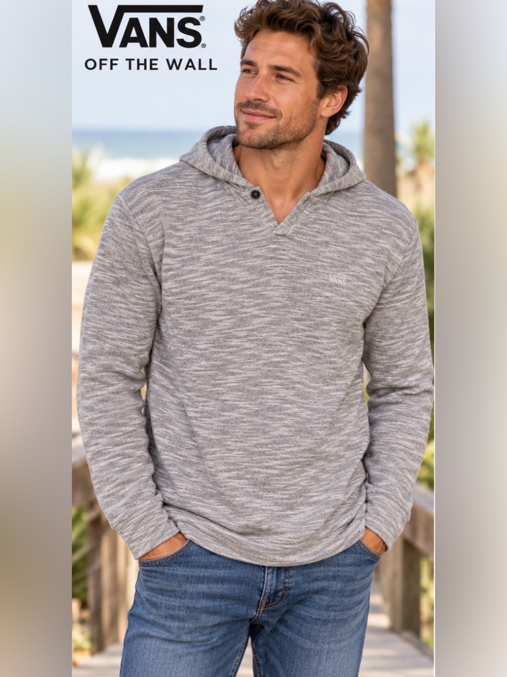 Vans Men’s Large Gray Heather Knit Henley Hoodie Pullover Skater Streetwear